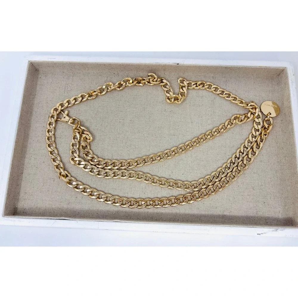 Nine West Gold Tone Multi Strand Curb Chain Link Adjustable Belt with Logo Charm